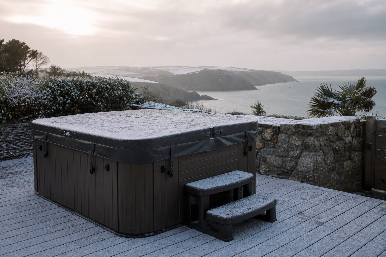 Covered hot tub on a quiet South Hams deck in soft winter light