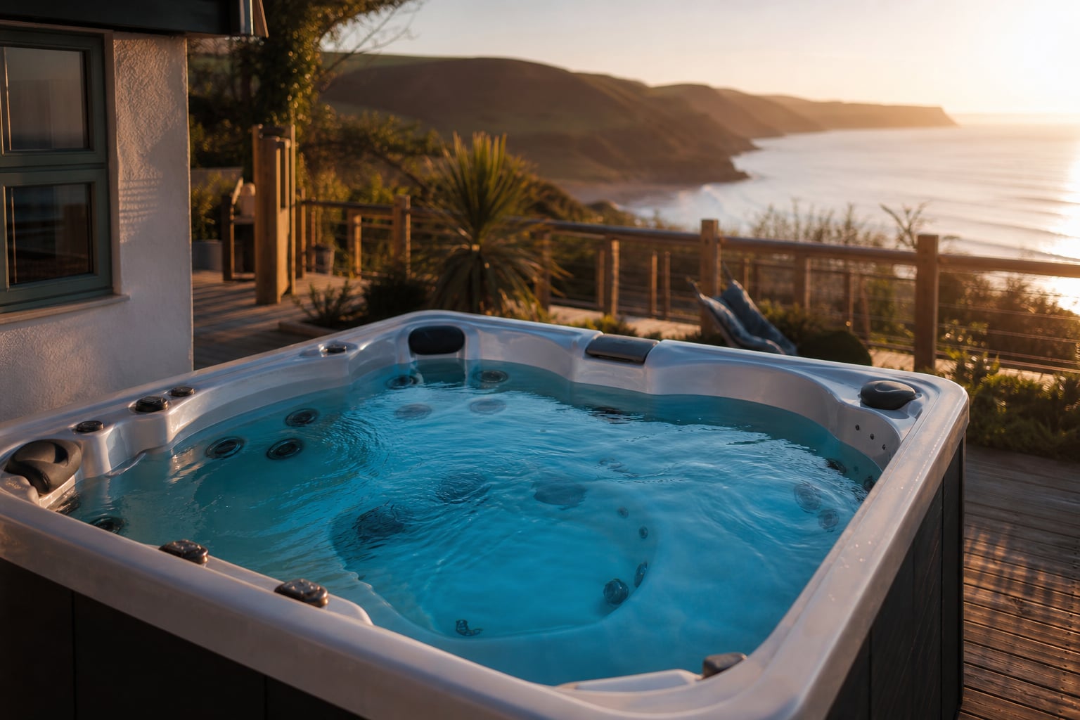 Hot tub on a South Hams holiday-let deck at soft evening light