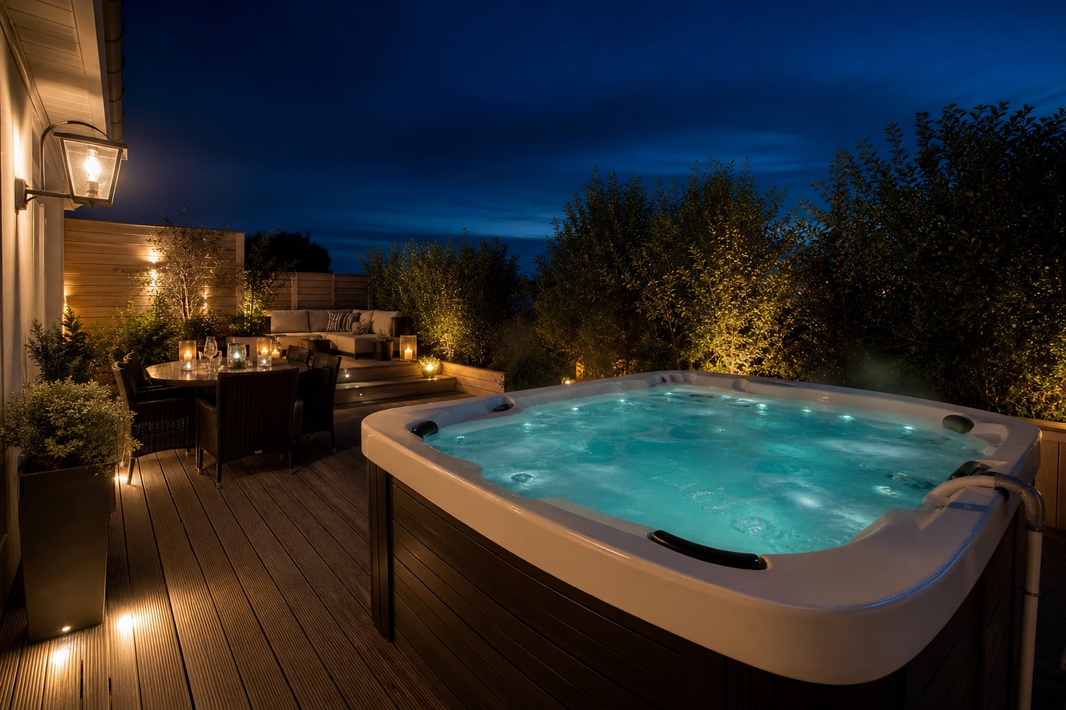 Evening deck lighting around a guest-ready hot tub in Devon