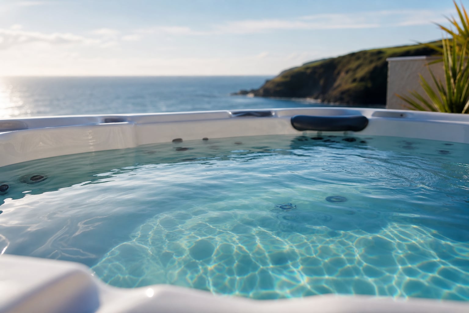 Clear spa water with coastal light on a Devon terrace