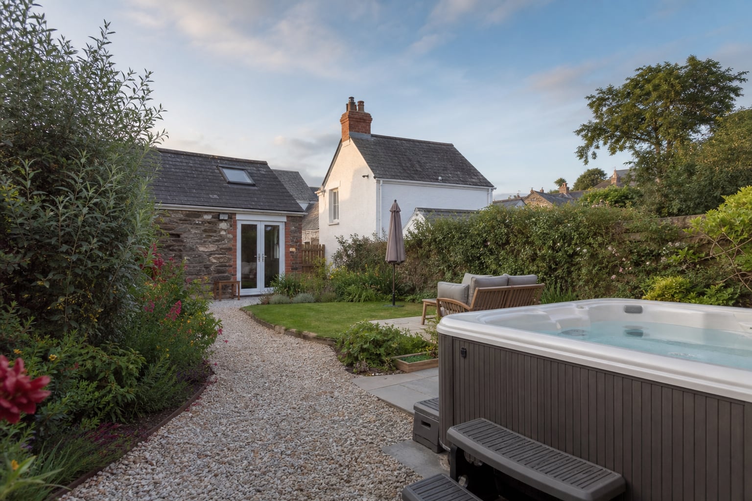 Wide deck context for the Modbury spa