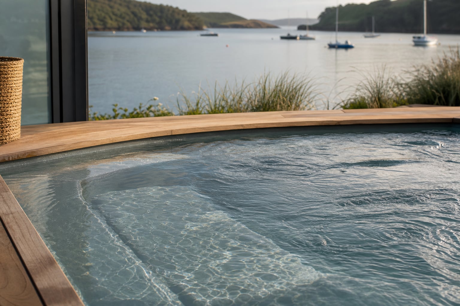 Clear spa water and deck detail in Salcombe