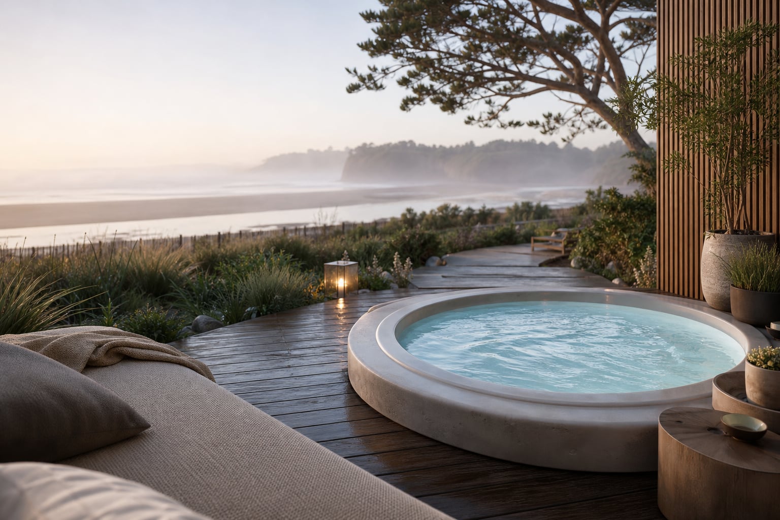 Wide deck context around the Salcombe hot tub